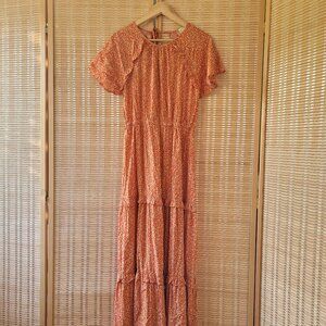DEE ELLY Tiered Midi Orange Floral Spring and Summer Dress